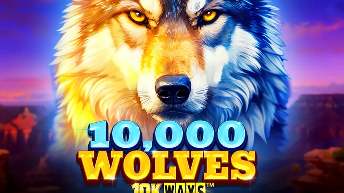 Pemandangan hutan berkabut dengan siluet serigala dalam permainan 10,000 Wolves 10K Ways